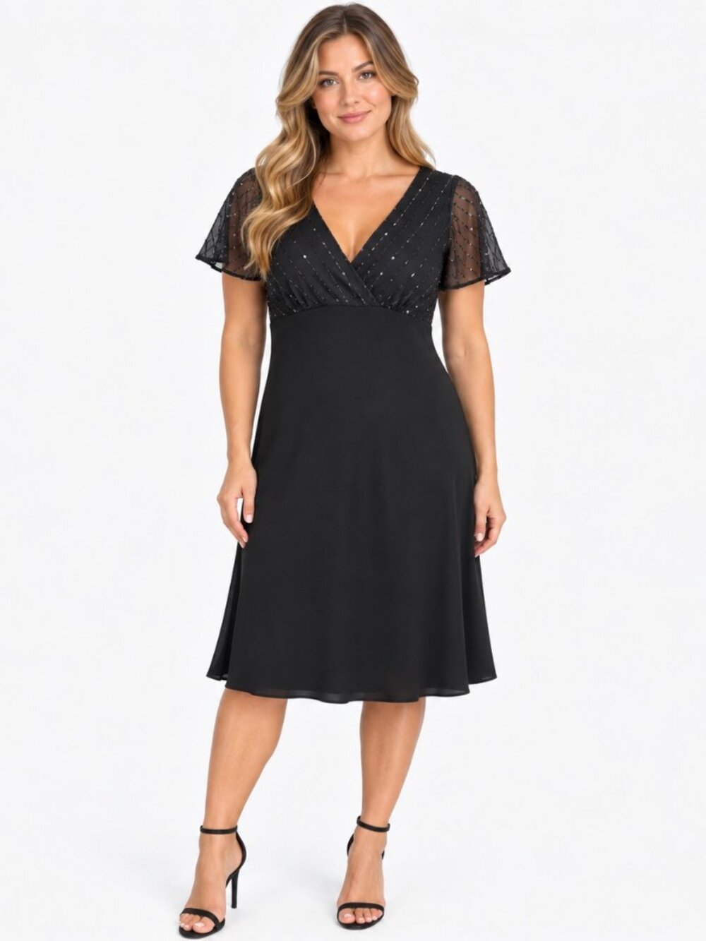 Evan Picone Women’s Black Dress Size 12 Short Sleeve Sequin Sheer Bodice Descrip